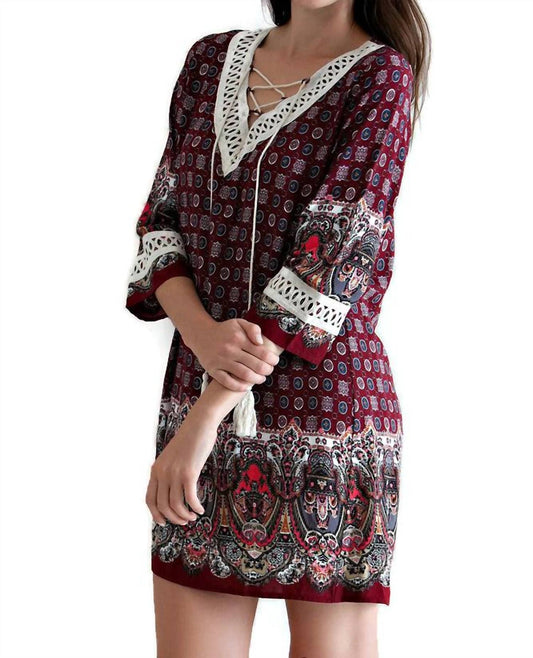 Entro - Border Print Lace Up Tassel Tie Dress