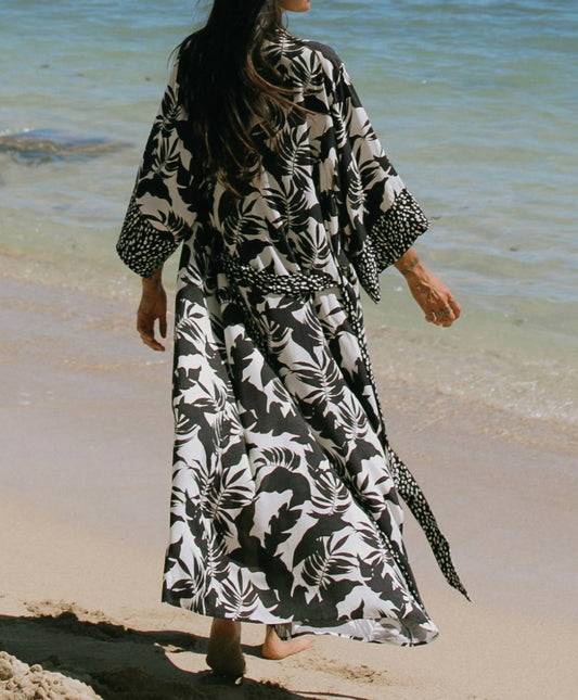 Tribal - Palms Flare Sleeve Duster With Waist Tie