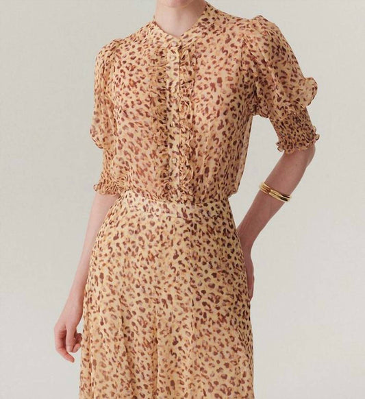 Exquise - Esther Short Sleeves Patterned Chiffon Shirt With Ruffle Piping Detail