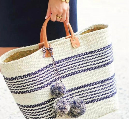 Faire - Women's Bohemian Striped Pom-pom Straw Bag