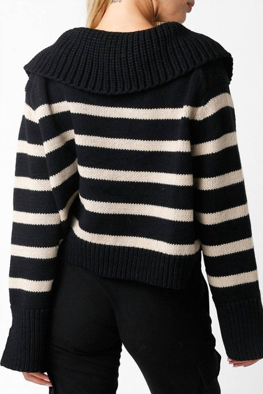 Olivaceous - Drama Collar Stripe Sweater