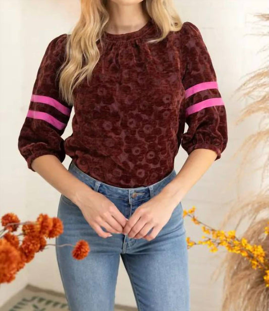 Voy - Floral Velvet Top With Puff Sleeve Stripe Detail