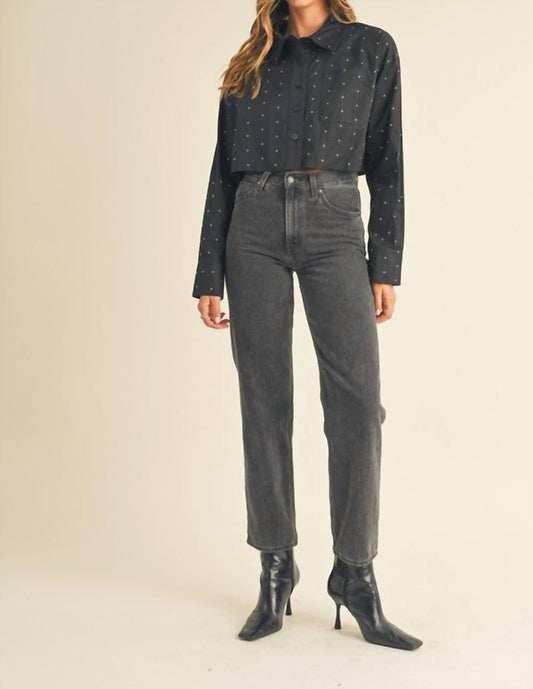 Mable - Rhinestone Cropped Button Down Shirt