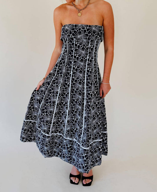 Tcec - Women's Floral Piping Strapless Midi Dress