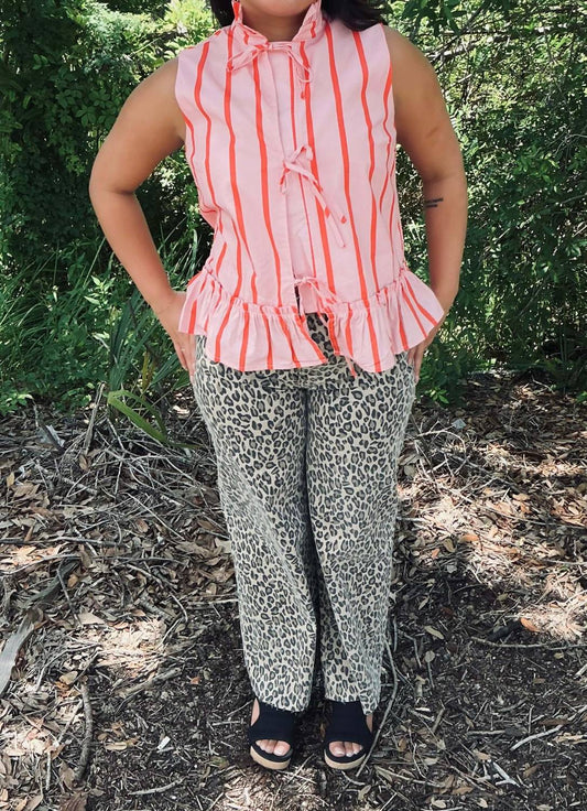 Easel - Leopard Print Wide Leg Washed Twill Pants