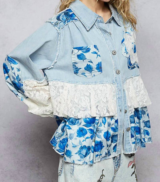 Pol - Patchwork Denim Shirt With Lace Trim Details