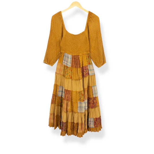 Young Threads - Women's Rustic Bohemian Smocked Patchwork Maxi Dress