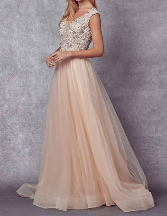 Ladivine - Plunging Neck Embroidery Beaded Illusion Prom Ballgown