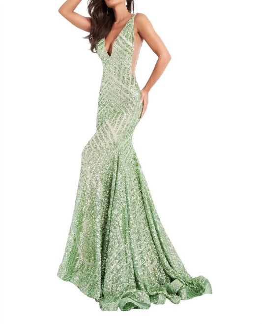 Jovani - Low V Neck Sequin Sheath Dress