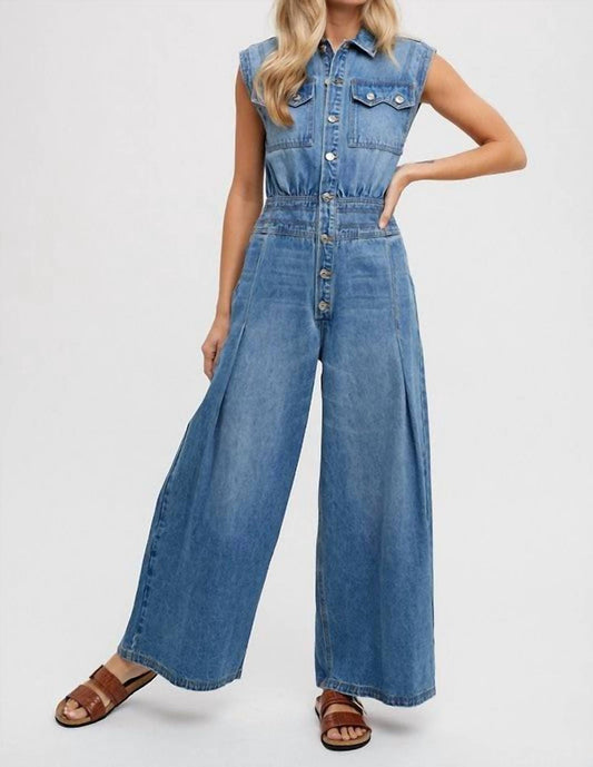Bluivy - Denim Sleeveless Shirt Jumpsuit