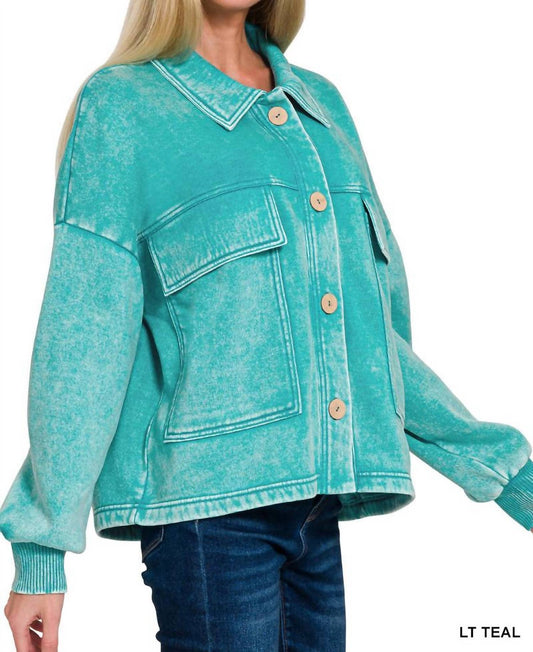 Zenana - Acid Wash Fleece Cropped Shacket With Front Pockets