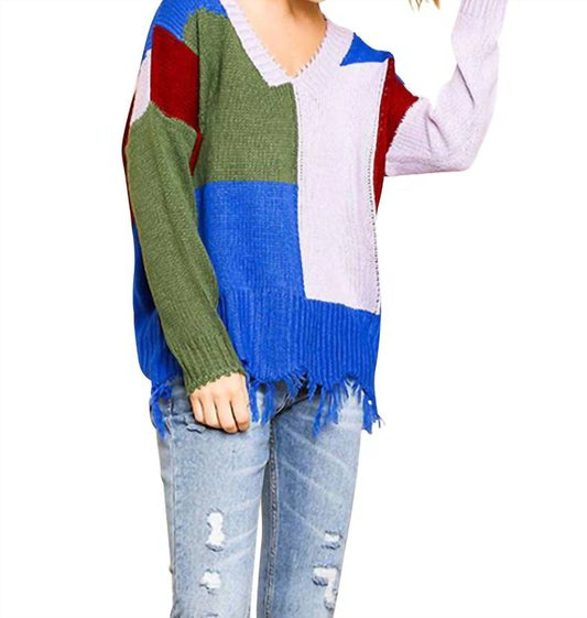 Umgee - Color Block Frayed Hem Sweater