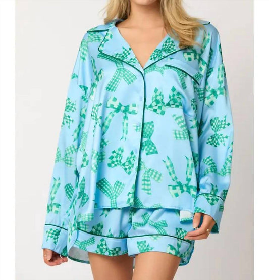 Peach Love - Satin Bow Print Long Sleeve Pajama Set