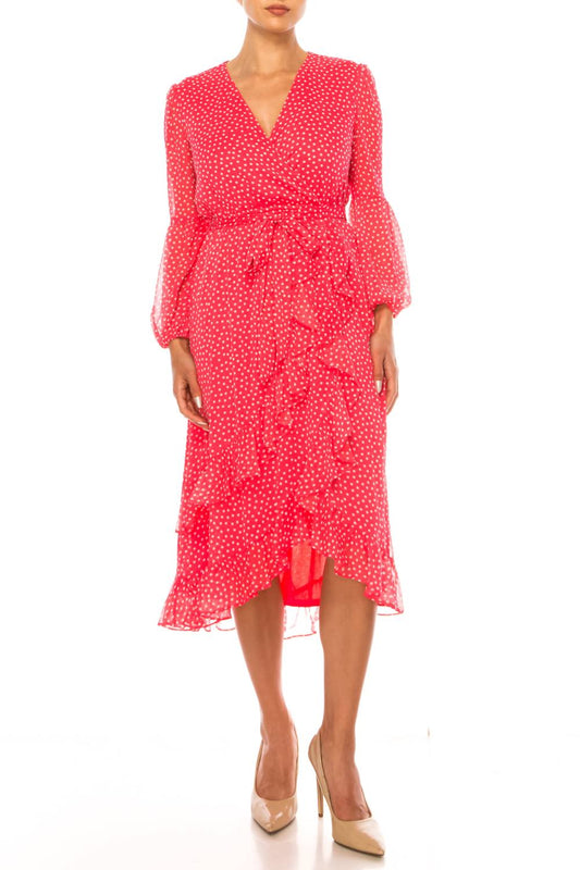 Maison Tara - Long Sleeve Polka Dot Midi Dress