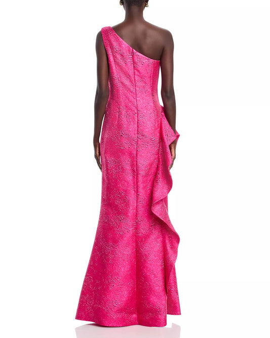 Teri Jon - Metallic Jacquard Side Ruffle Gown