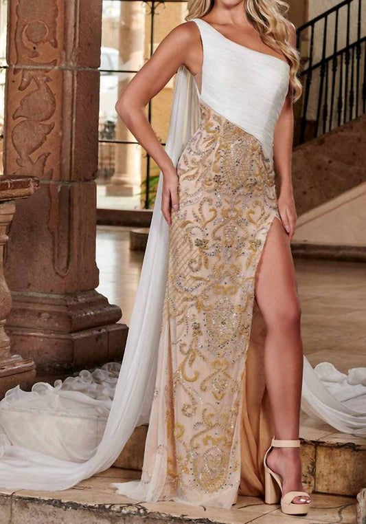 Rachel Allan - One Shoulder Gown With Cape