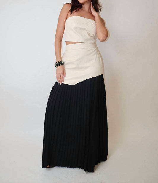 Mulla - Faux Leather Top And Pleated Slit Skirt Set