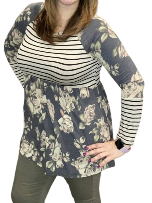 Honeyme - Floral Stripe Babydoll Tunic Top