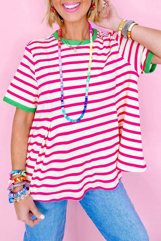 Shewin - Contrast Trim Crew Neck Knit Tee