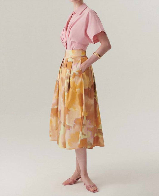 Exquise - Valentina Watercolor Print Pleated Midi Skirt