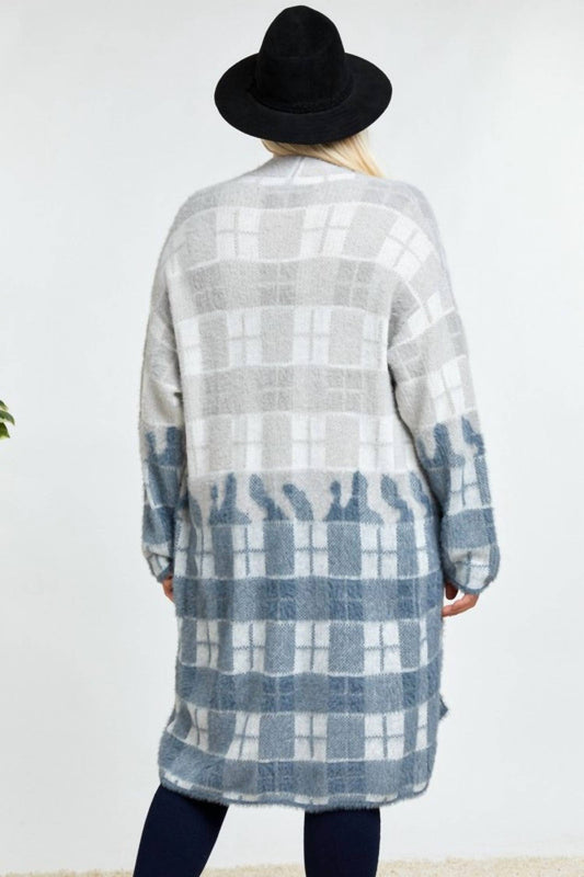 Davi & Dani - Color Block Plaid Pattern Long Cardigan