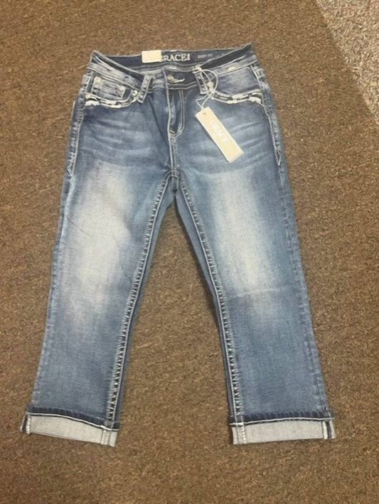 Grace In La - Women's Faux Flap Pocket Capri Jean