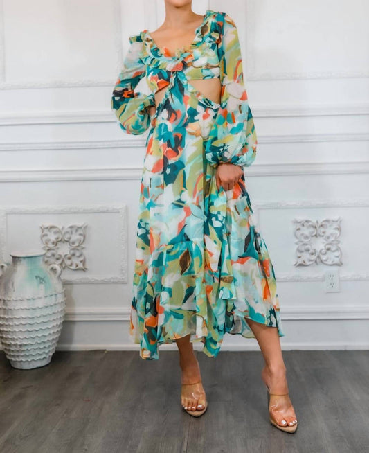 Surelymine - Bubble Sleeves Floral Cut-Out Ruffle Midi Dress