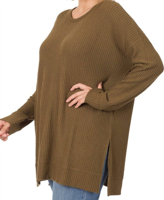Zenana - Women's Brushed Thermal Waffle Round Neck Sweater