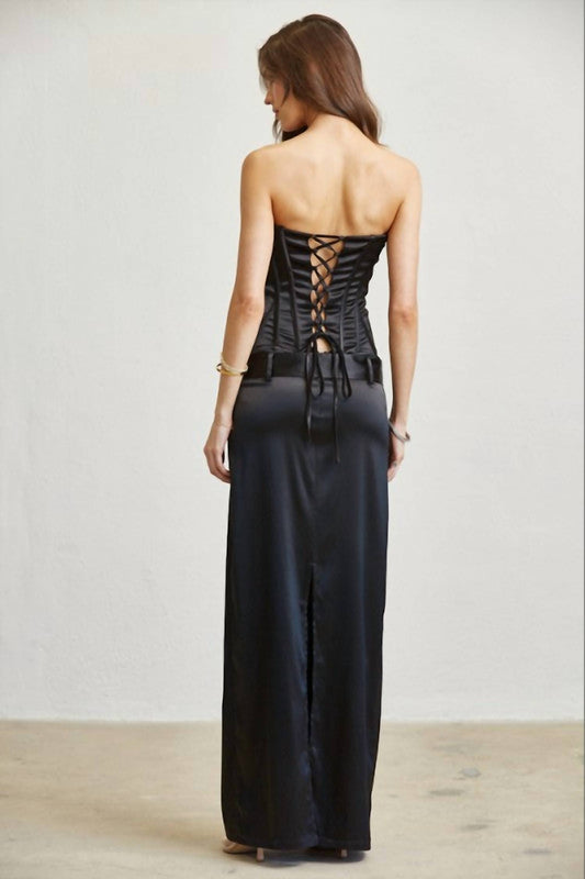 Blithe - Hannah Satin Corset Belted Maxi Dress
