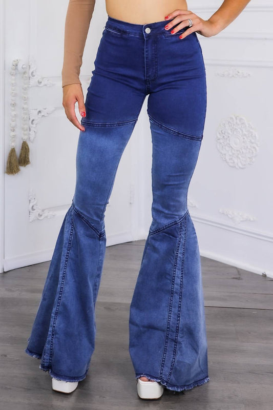 Surelymine - Lined Up Paneled Ombre Flares Bell Bottoms Denim Jeans