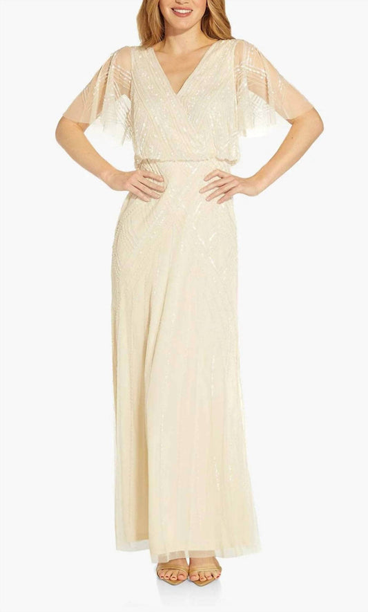 Adrianna Papell - Beaded Flutter Sleeve Evening Dress