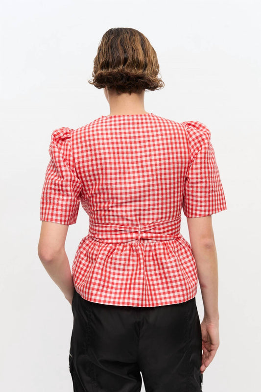 Ganni - Crinkled Taffeta Check Tie Strap Blouse