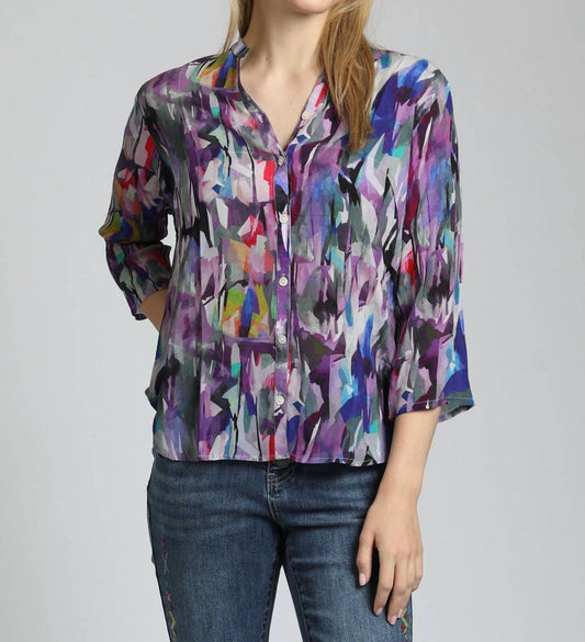 Apny - Brush Stroke ¾ Sleeve Mandarin Collar Button Up Blouse