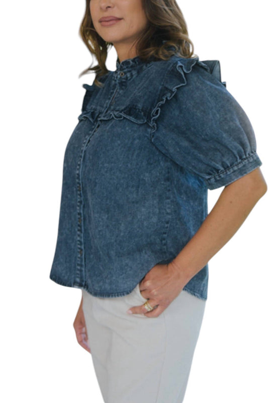 Jodifl - Denim Short Sleeve Shirt Ruffle Detail