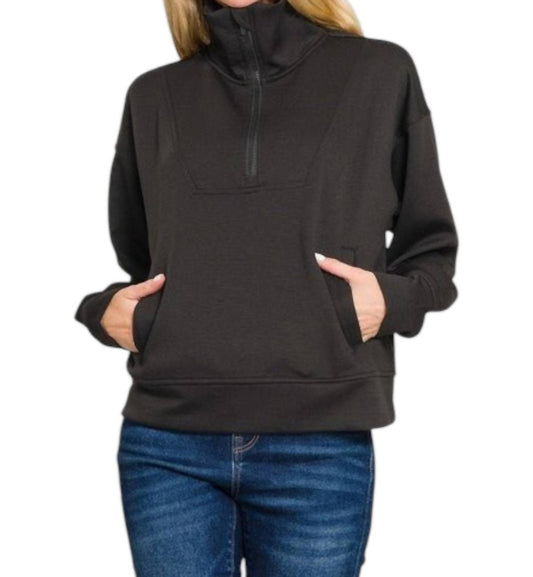 Zenana - Scuba Half Zip Pullover Sweater