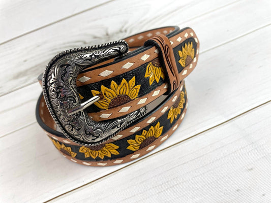 American Darling - Woman’s Sunflower White Buckstitch Leather Belt