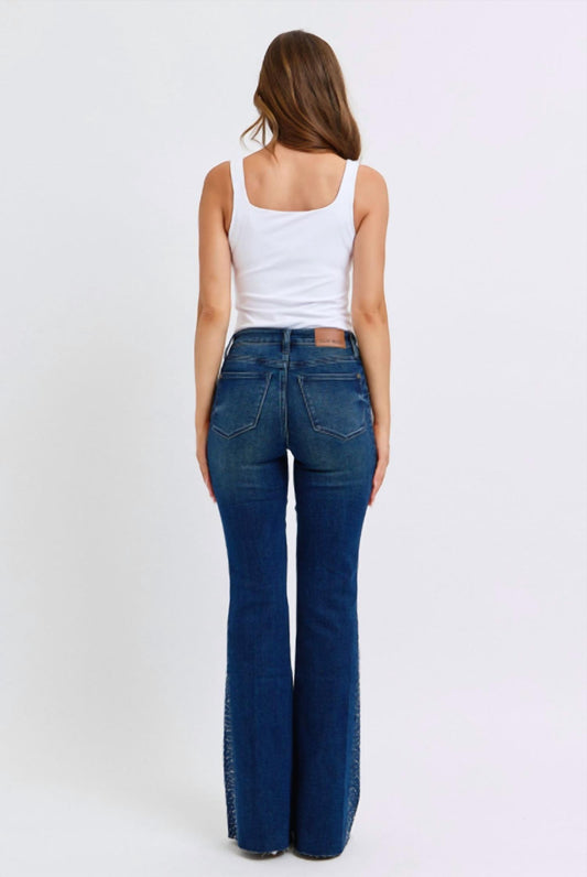 Judy Blue - Mid Rise Rhinestone Side Panel Flare Jeans