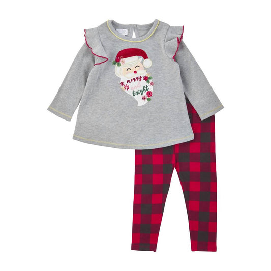 Mudpie - Girl's Santa Floral Tunic & Check Legging Set