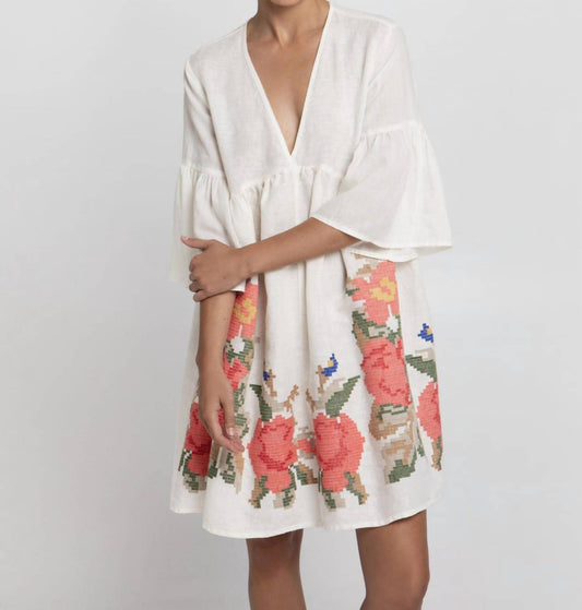 Greek Archaic Kori - Rose Embroidered Linen Mini Dress