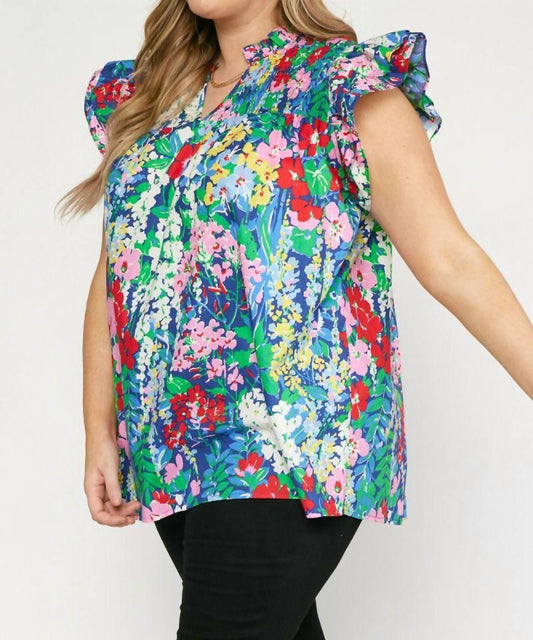 Entro - Floral Ruffle Sleeve Top - Plus
