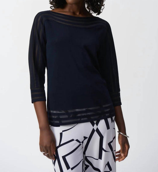 Joseph Ribkoff - Boat Neck Mesh Details Quarter Sleeves Sweater Top