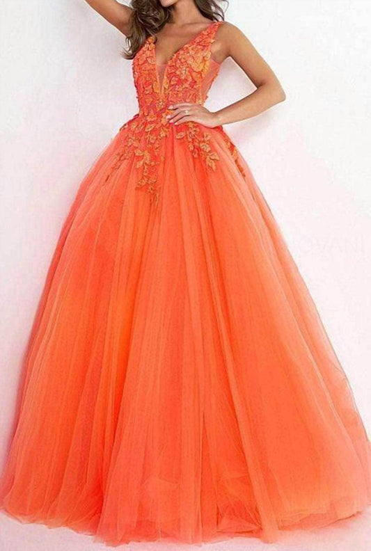 Jovani - Plunging Neck Floral Prom Dress