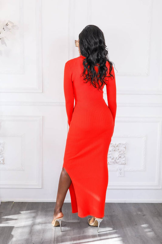 Surelymine - Collar Ribbed Long Sleeves Maxi Dress