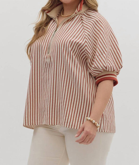 Entro - Stripe Half-zip Puff Sleeve Top - Plus