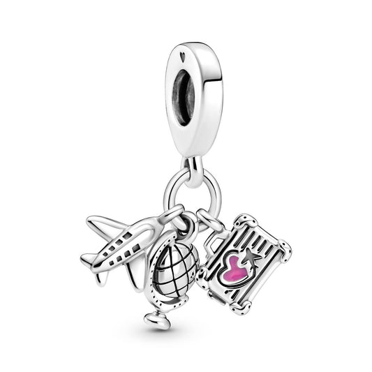 Pandora - Airplane Globe & Suitcase Triple Dangle Rose Charm