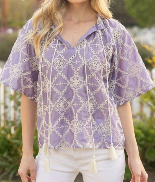 Voy - Embroidered Eyelet Tassel Top