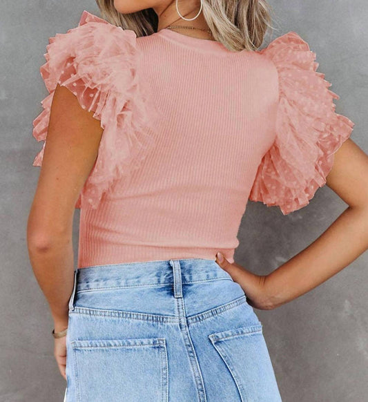 Lovesoft - Dotty Mesh Ruffle Sleeve Ribbed Knit Top