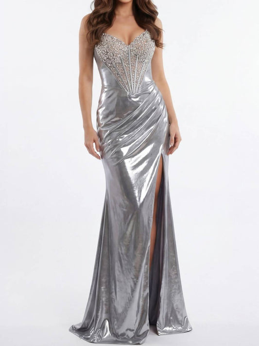 Jovani - Elegant Gown With Beaded Bustier And Thigh-high Slit
