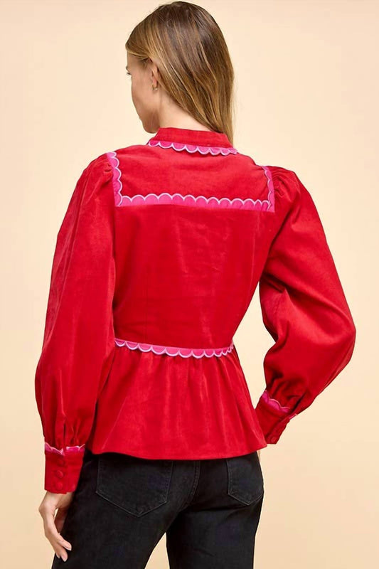 Tcec - Corduroy Scallop Detail Button Up Top