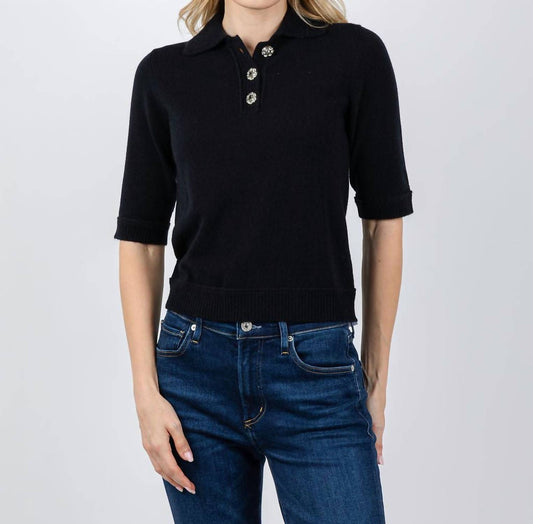 Kinross - Cashmere Crystal Button Elbow Sleeve Polo Top